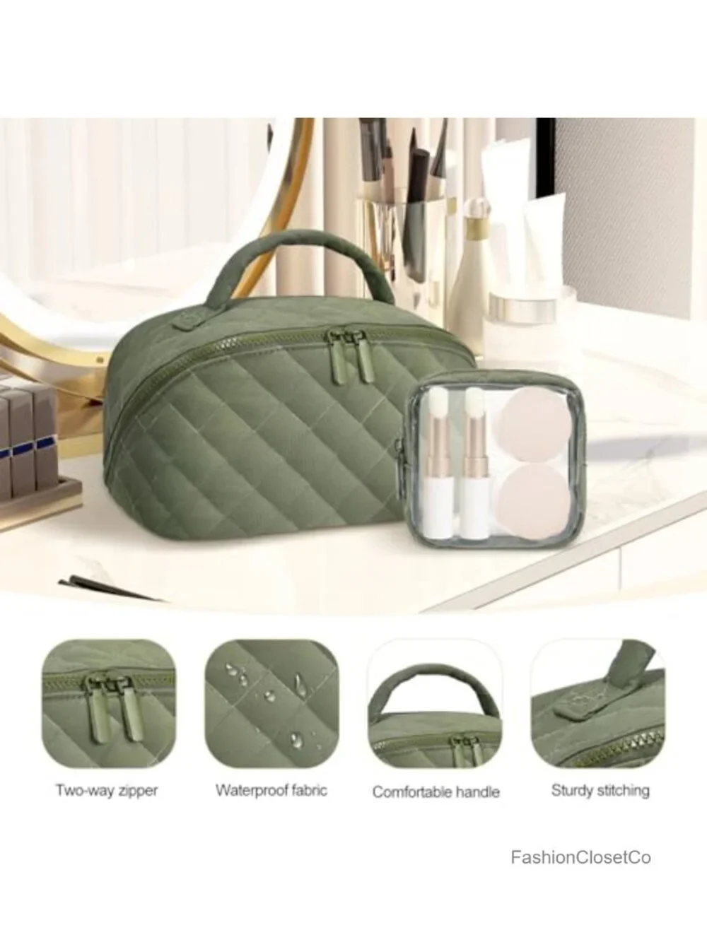 Quilted Makeup Bag Set 2 Pcs Waterproof Cosmetic Organizer Lay-Flat Travel
